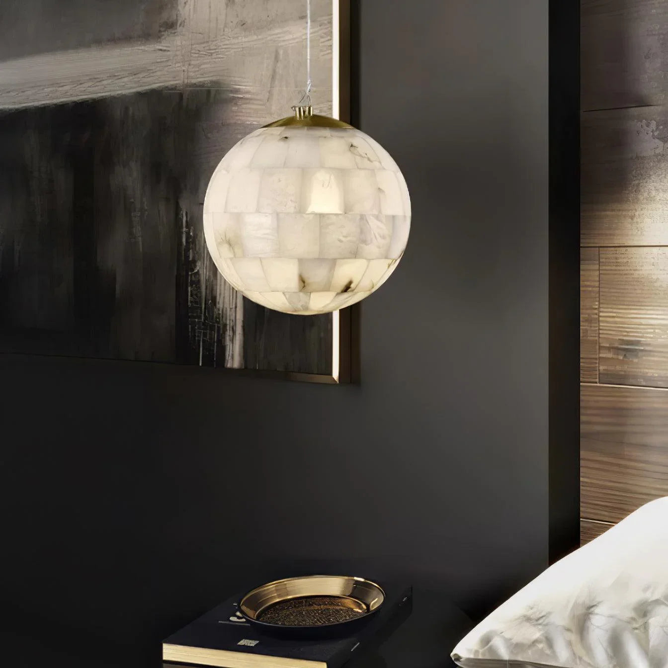 Modern white alabaster globe pendant lamp with brass accents by YH Lamps, luxury bedroom lighting