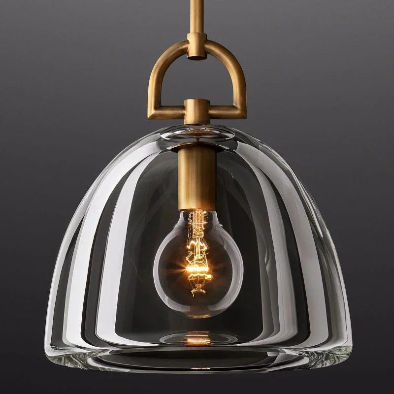 Modern brass and glass pendant lamp with exposed bulb, designer lighting by YH Lamps