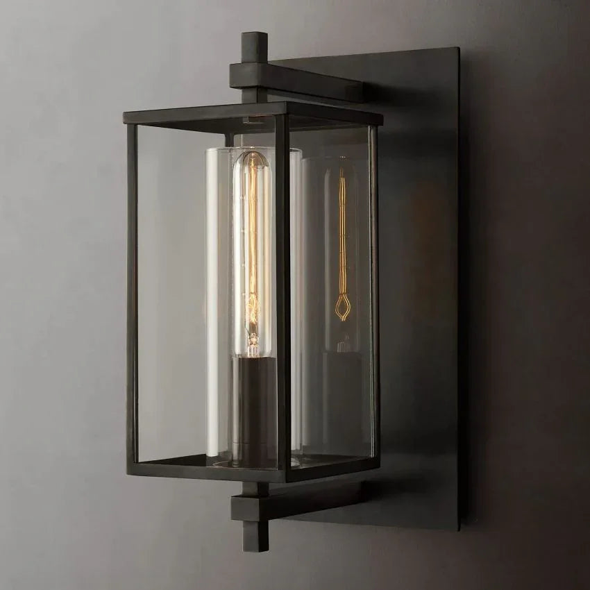 Modern lacquered burnished brass wall sconce with glass panels by YH Lamps, designer lighting