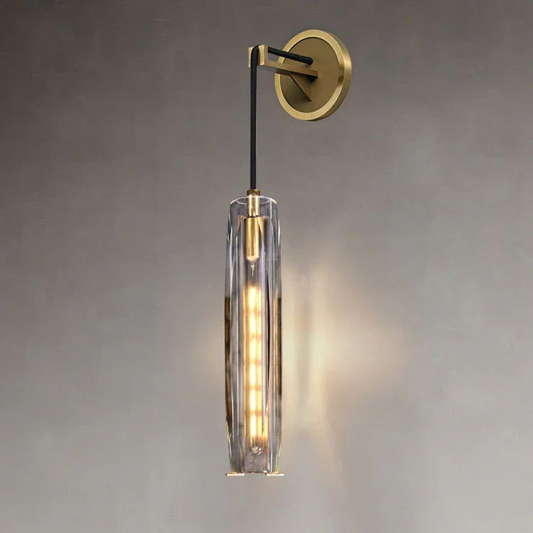 Modern crystal wall sconce with gold accents on gray wall, YH Lamps designer lighting