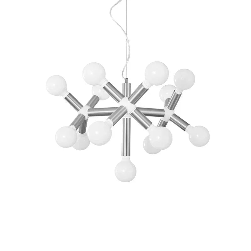 Modern designer chandelier with metallic rods and round bulbs by YH Lamps, minimalist style