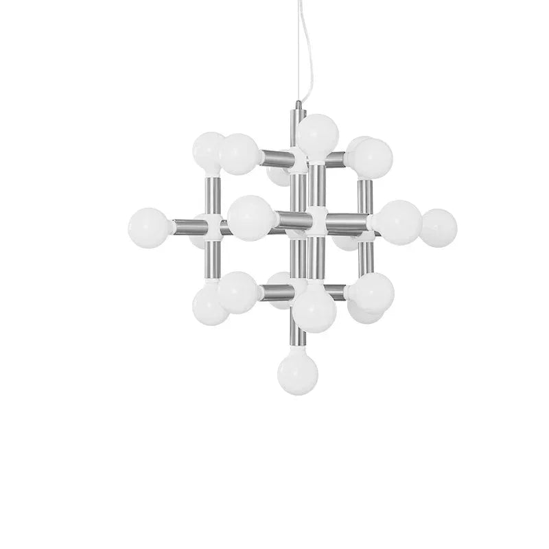 Modern designer chandelier with geometric metal frame and round bulbs from YH Lamps