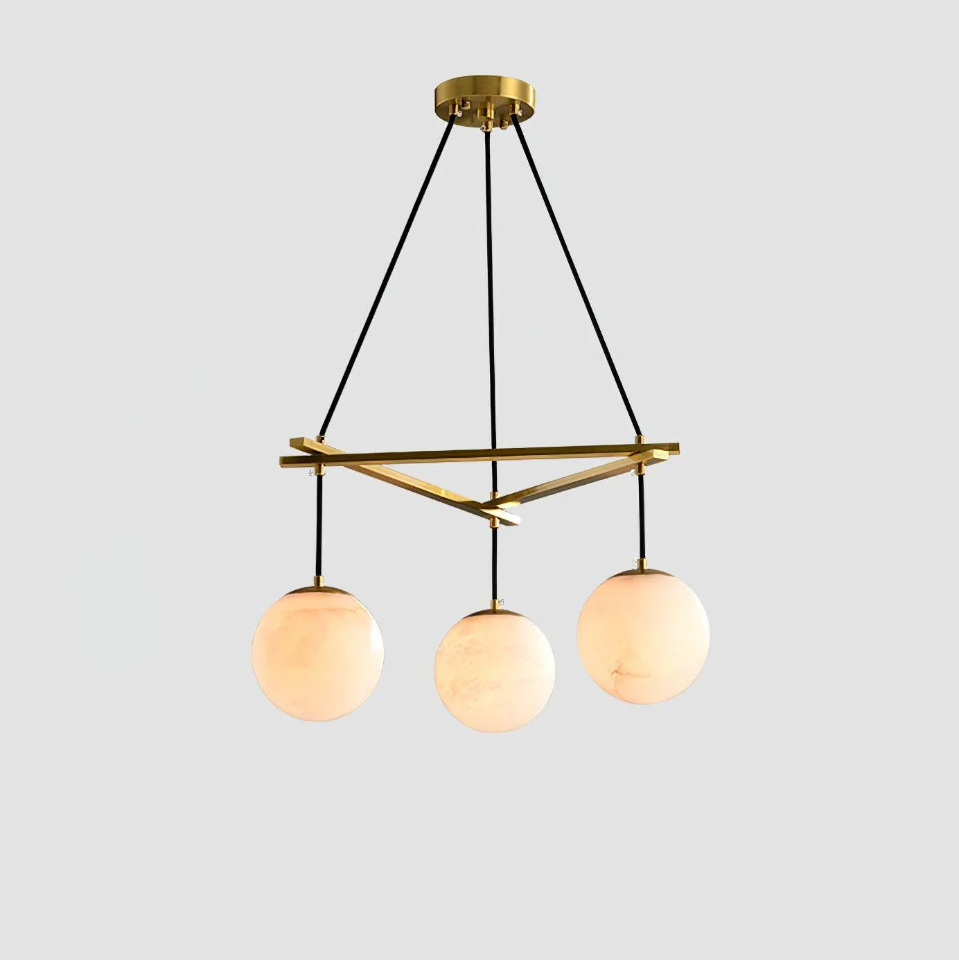 Modern Miira Alabaster chandelier with three glowing alabaster glass globes and brass frame