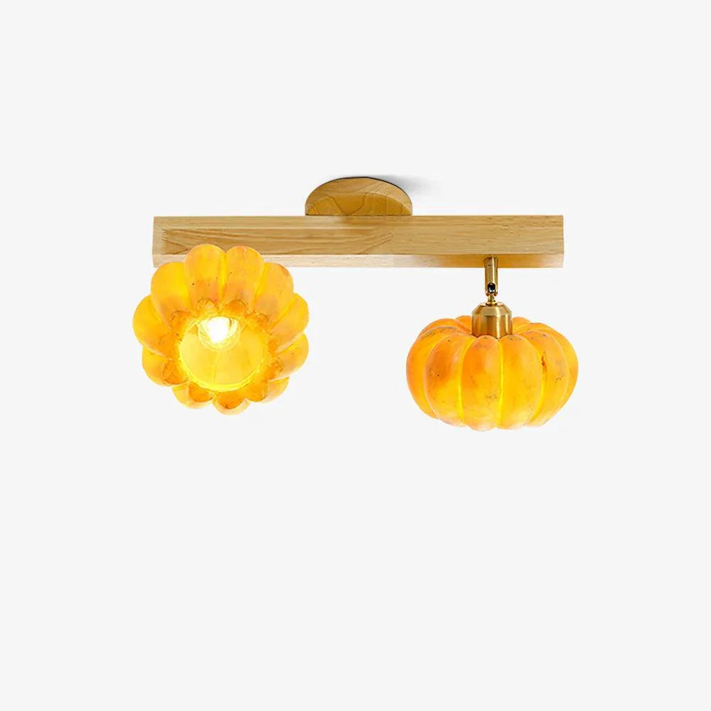 Modern yellow pumpkin ceiling lamp with two glass heads and wood mount from YH Lamps