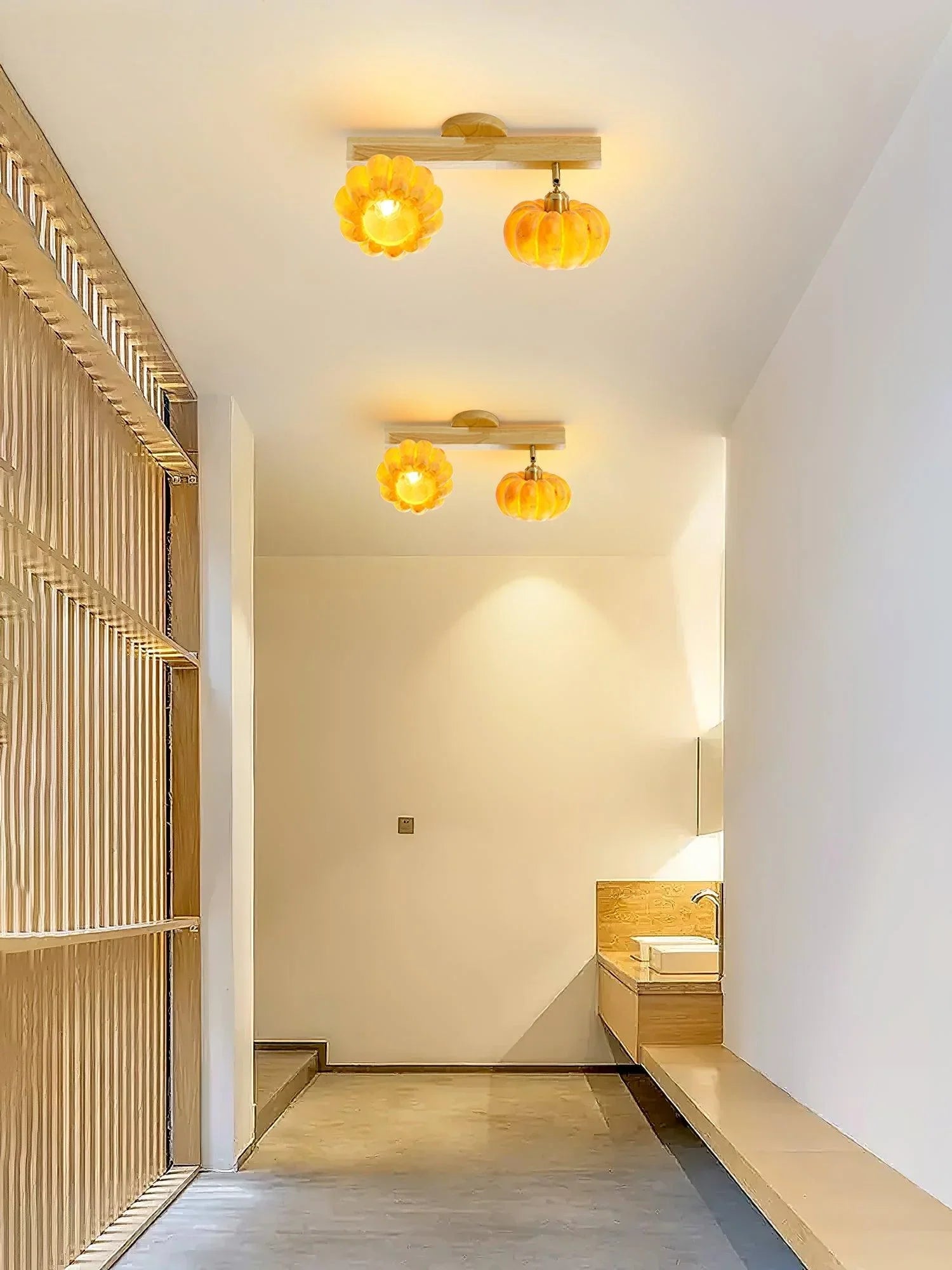 Modern hallway with YH Lamps dual-head ceiling lamp, yellow wood color, pumpkin style design