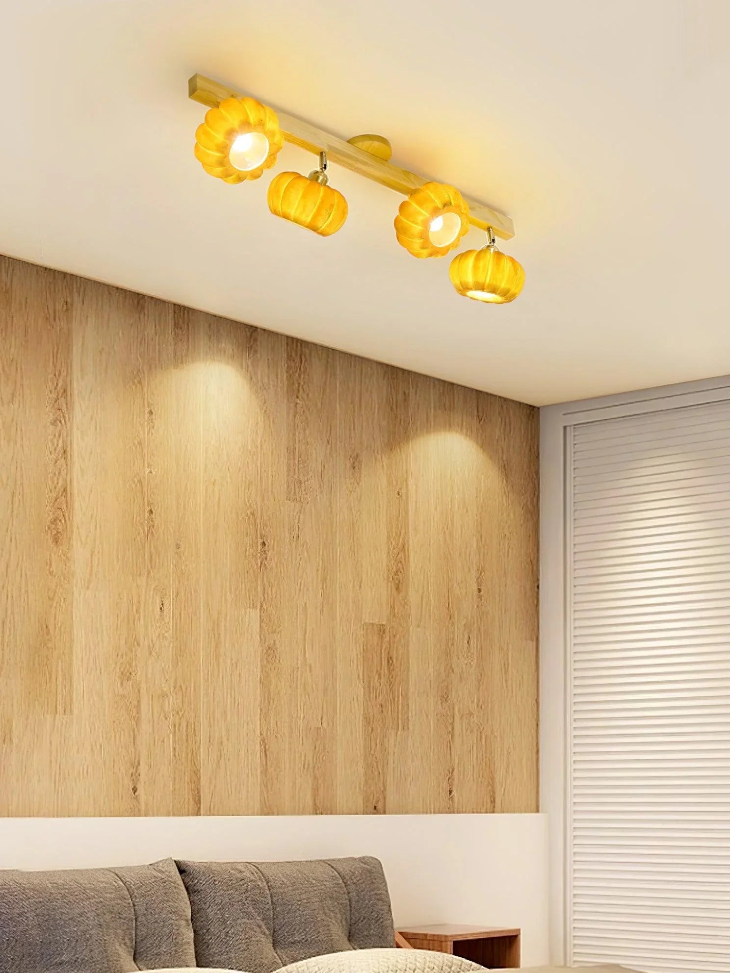 Modern pumpkin-shaped yellow ceiling lamp with wood finish in cozy bedroom, YH Lamps lighting