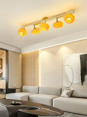 Modern living room with YH Lamps pumpkin-style yellow wood ceiling lamp, four lights
