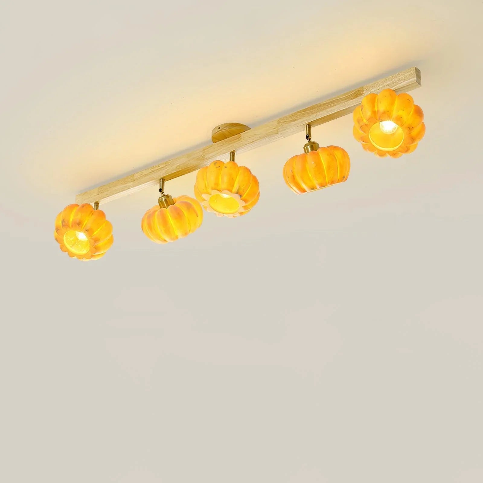 Modern yellow pumpkin-style ceiling lamp with wood base, four heads, by YH Lamps