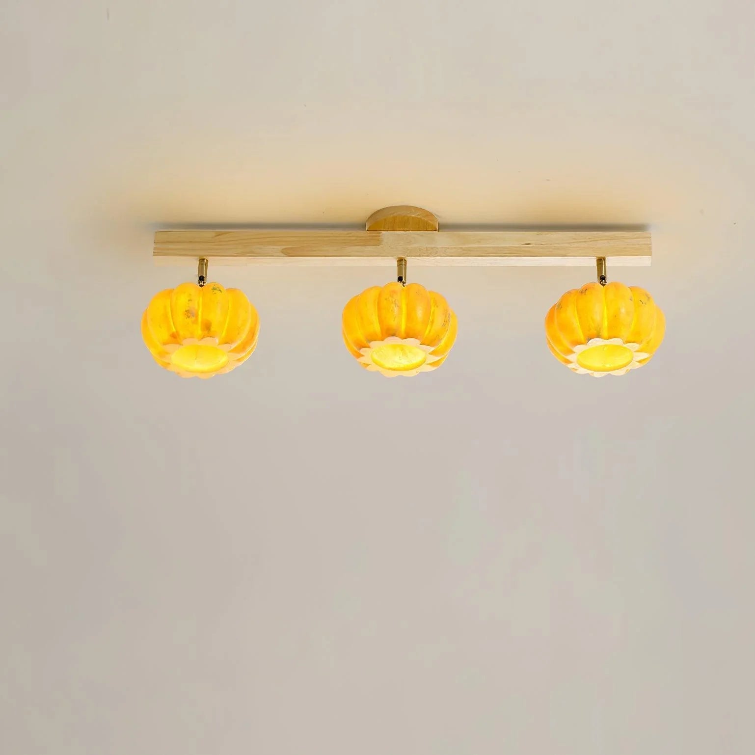 Modern yellow wood multi-head ceiling lamp with pumpkin-shaped shades from YH Lamps