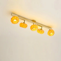 Modern ceiling lamp with five yellow pumpkin-shaped heads on wood fixture, YH Lamps lighting