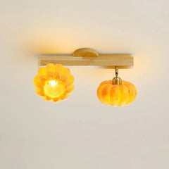 Modern yellow wood ceiling lamp with two pumpkin-shaped glass heads from YH Lamps