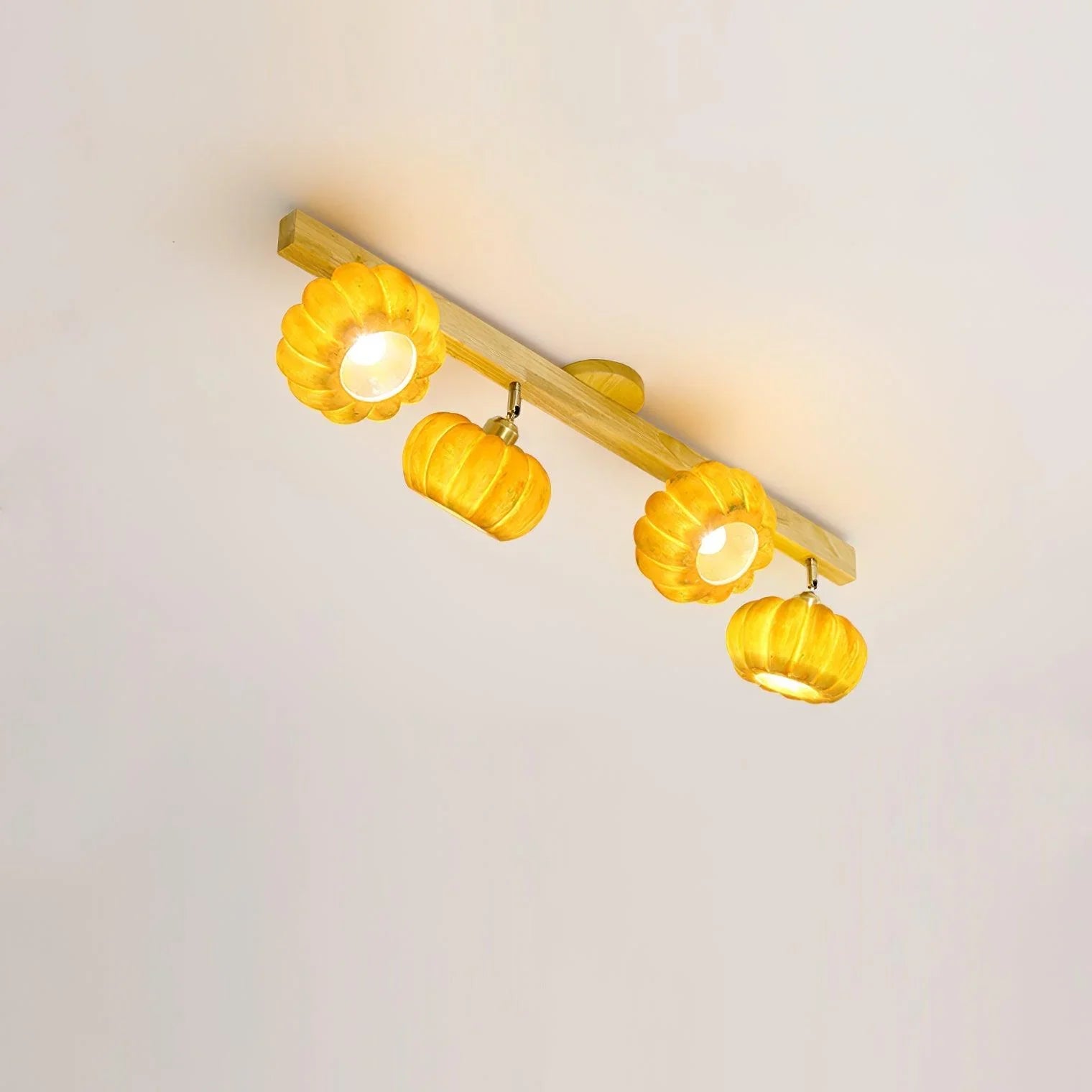 Modern yellow wood multi-head ceiling lamp with pumpkin-shaped shades from YH Lamps