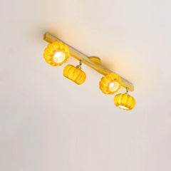 Modern yellow wood multi-head ceiling lamp with pumpkin-shaped shades from YH Lamps