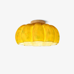 Yellow pumpkin-shaped ceiling lamp with wood accent, modern lighting by YH Lamps