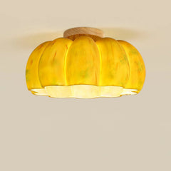 Yellow pumpkin-shaped ceiling lamp with wood accent, modern lighting by YH Lamps