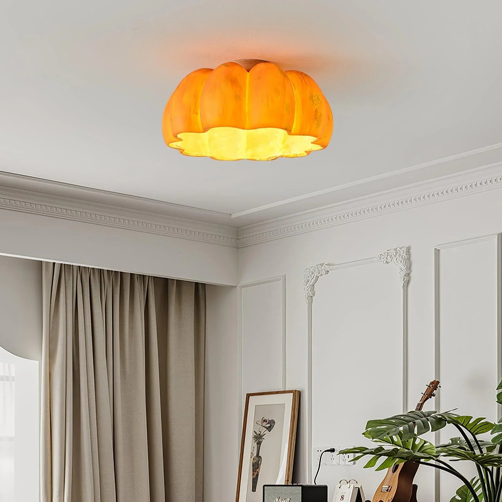 Modern yellow pumpkin ceiling lamp with wood finish in stylish living room, YH Lamps