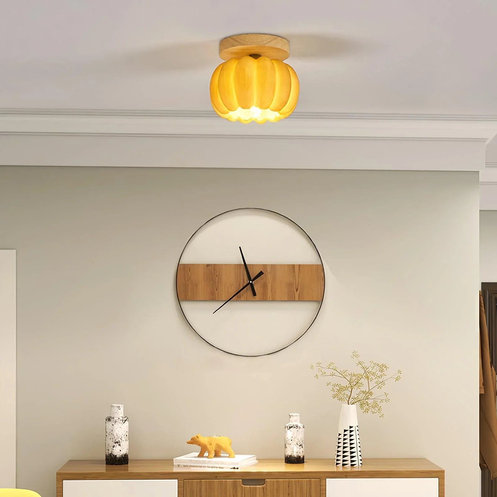 Yellow wood pumpkin ceiling light fixture in modern home interior by YH Lamps