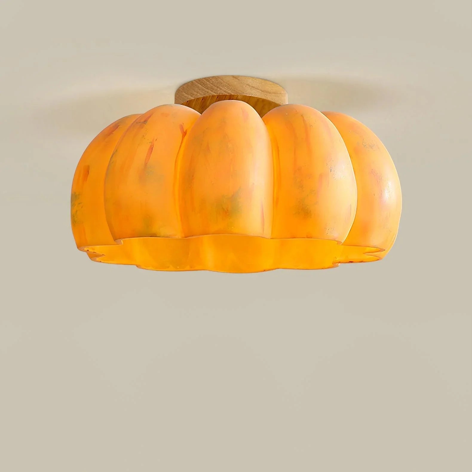 Yellow pumpkin-shaped ceiling lamp with wood accent, modern lighting from YH Lamps