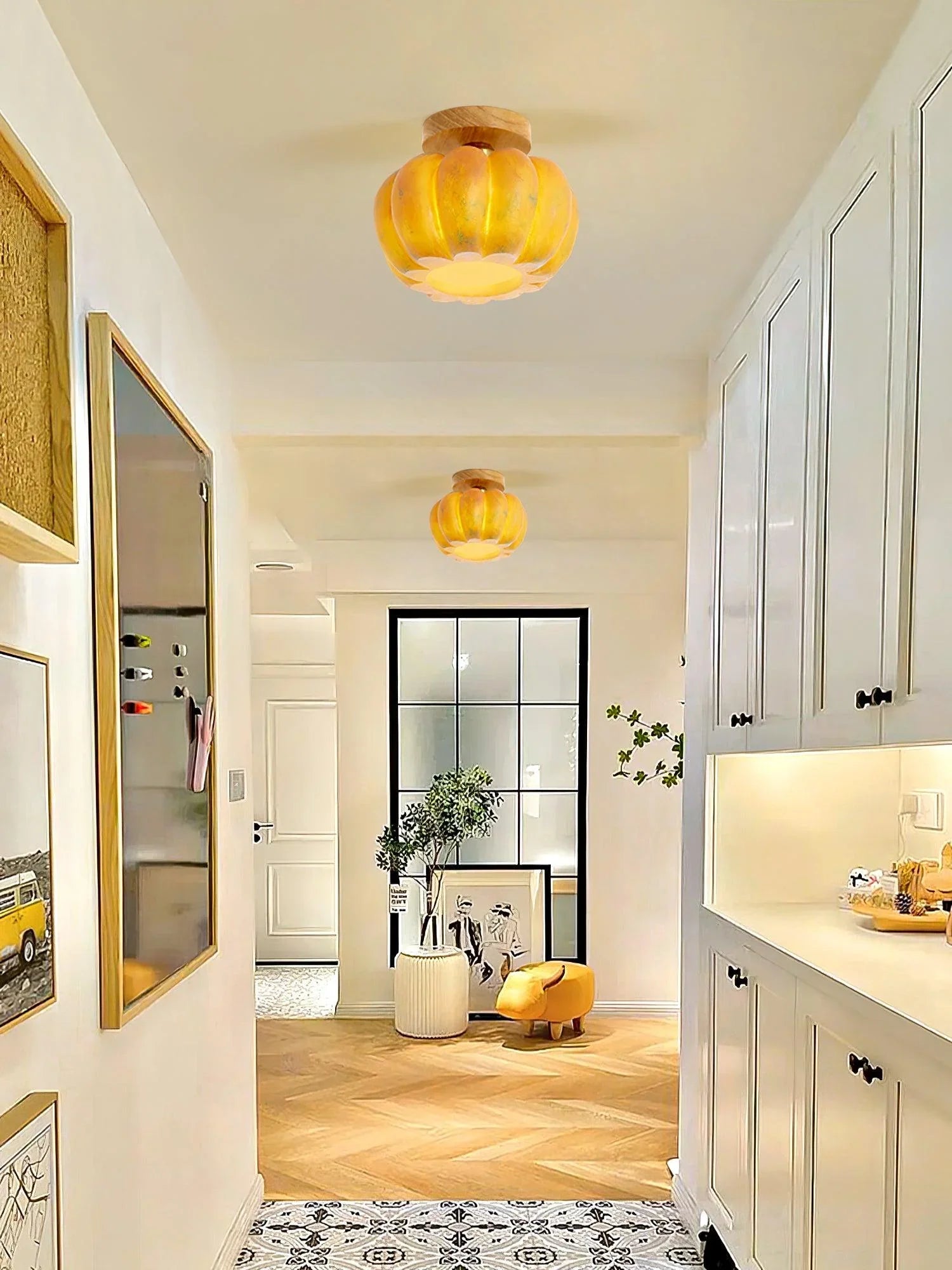 Modern hallway with two yellow wood pumpkin ceiling lights by YH Lamps, stylish bright décor