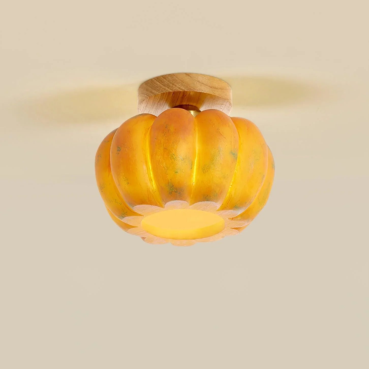 Modern yellow pumpkin-shaped ceiling lamp with wood mount from YH Lamps, elegant home lighting.