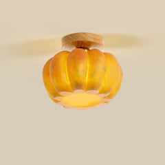 Modern yellow pumpkin-shaped ceiling lamp with wood mount from YH Lamps, elegant home lighting.