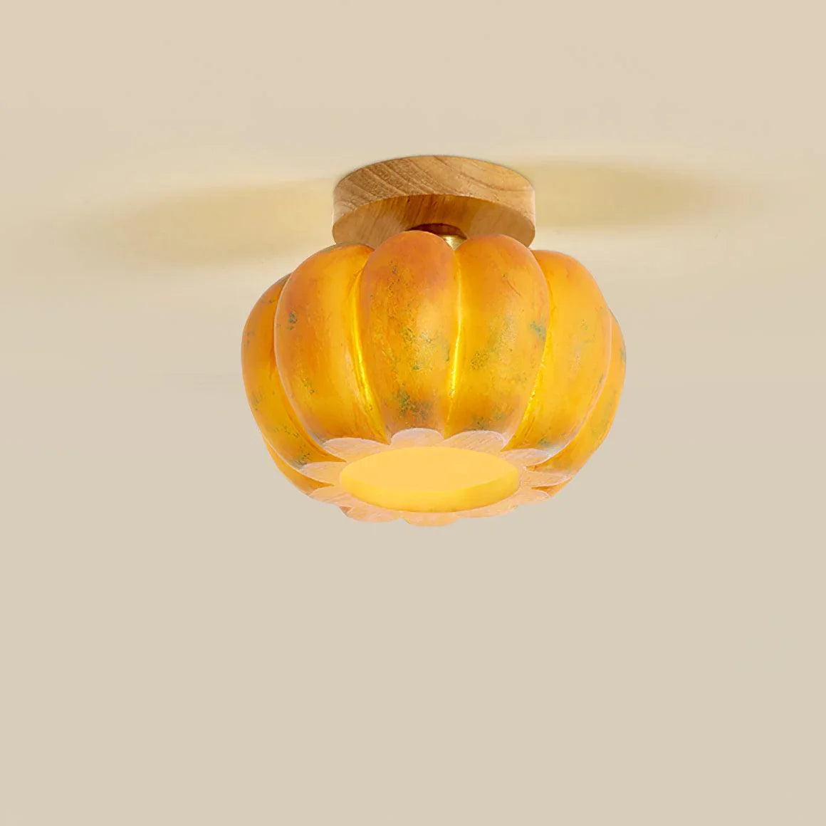 Yellow pumpkin-shaped ceiling lamp with wood mount, modern lighting by YH Lamps