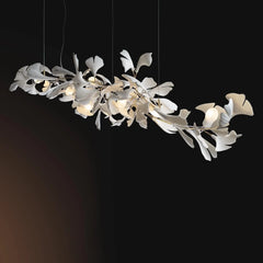 Modern gold and white ginkgo leaf chandelier with multiple lights, elegant hanging fixture