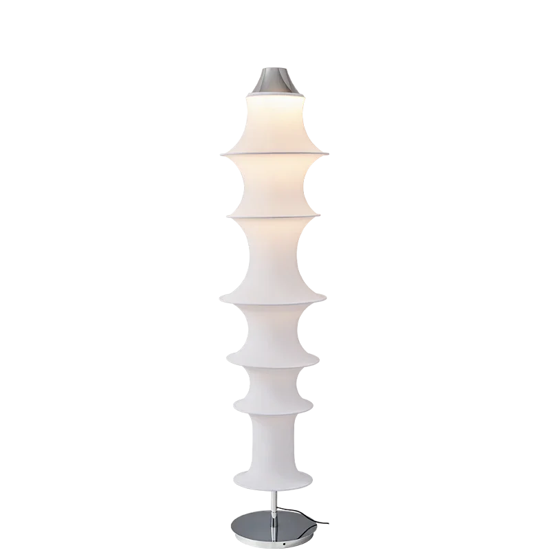 Modern white elastic fabric floor lamp with sculptural design and round chrome base