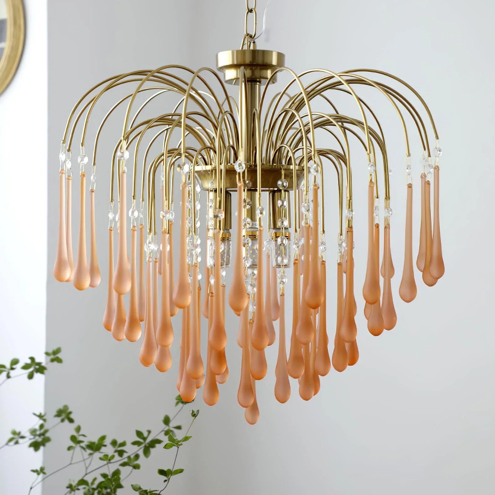 YhLamps brass chandelier with elegant clear and maltose teardrop glass pendants in modern home interior