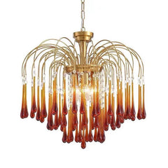 Modern brass chandelier pendant lamp with elongated amber glass drops and crystal accents from YhLamps