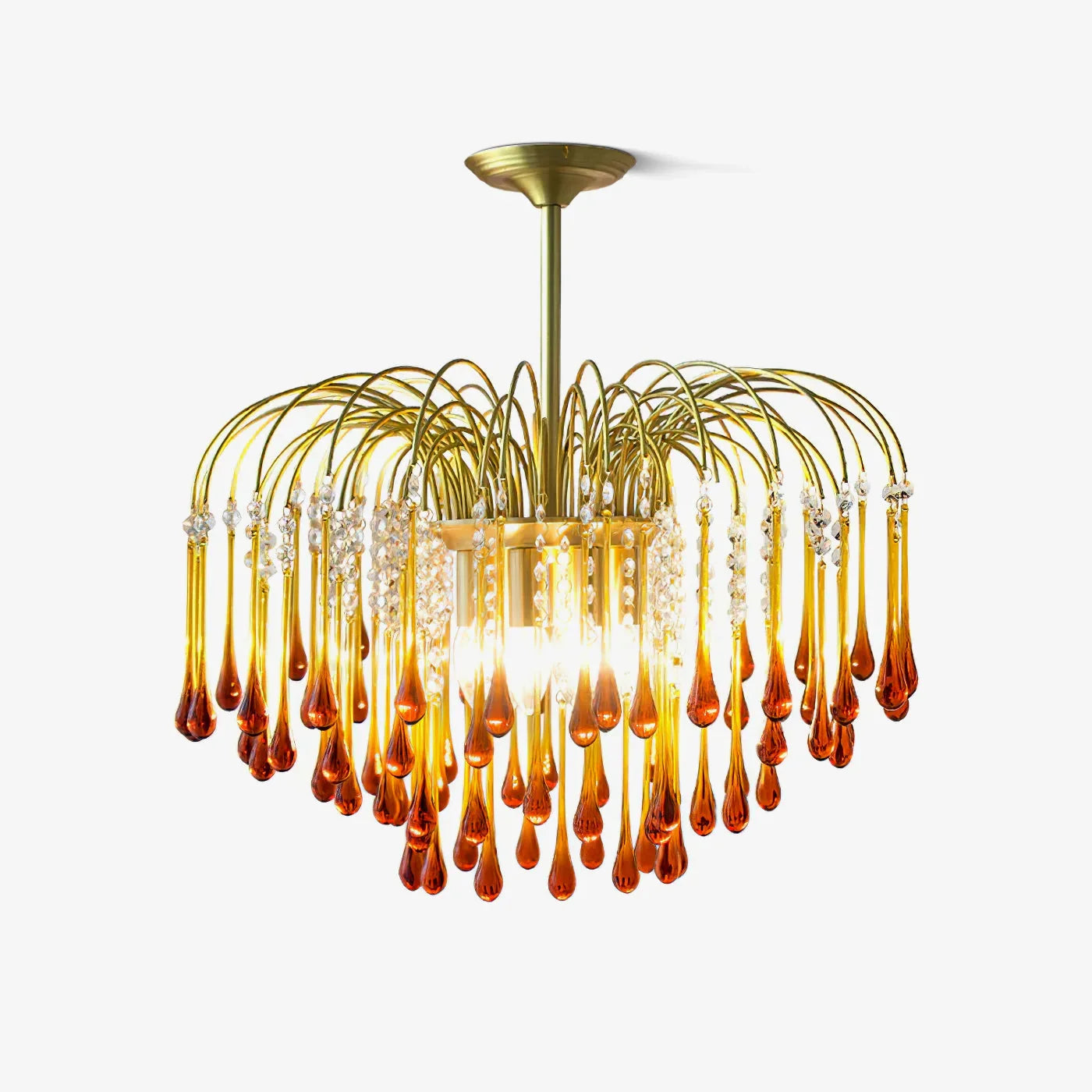 Modern brass chandelier with amber glass teardrops and clear crystal accents from YhLamps