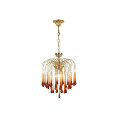 Modern brass chandelier pendant lamp with amber glass droplets, elegant home lighting fixture