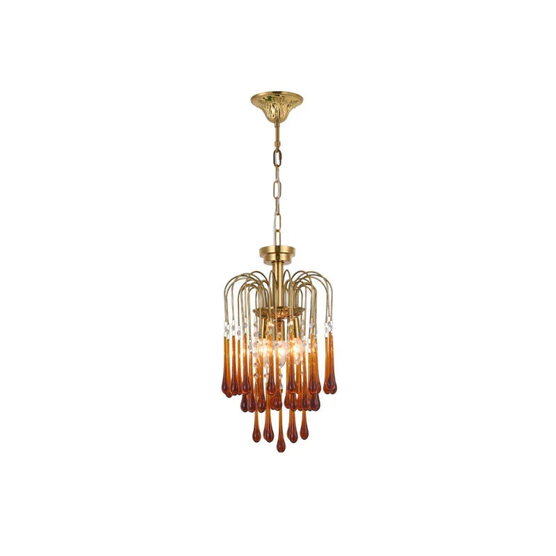 Modern YhLamps brass chandelier with amber glass droplet pendants hanging from curved metal arms
