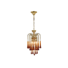 Modern YhLamps brass chandelier with amber glass droplet pendants hanging from curved metal arms