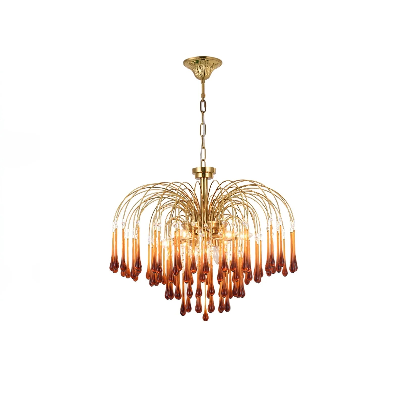 Modern brass chandelier with cascading amber glass droplets hanging from curved arms