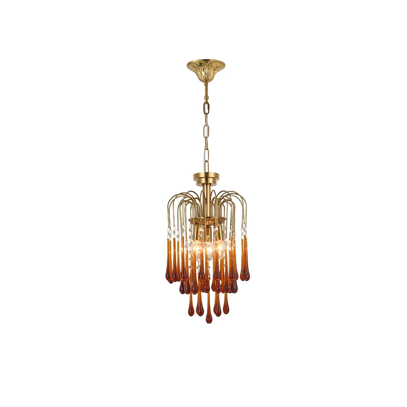 Modern brass pendant chandelier with amber glass droplet accents hanging from chain
