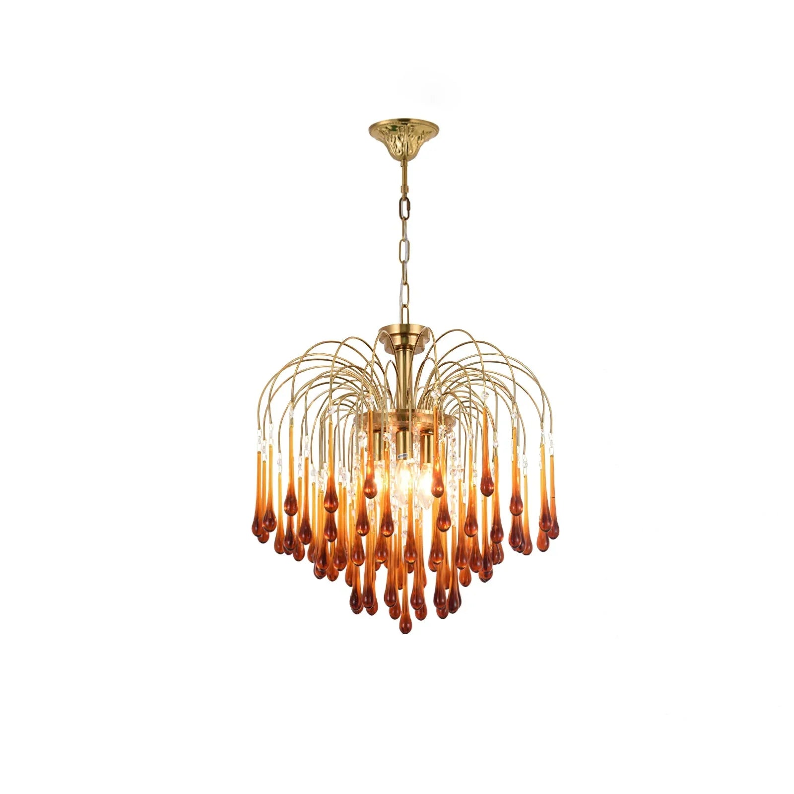 Modern brass chandelier pendant lamp with amber glass droplet accents by YhLamps