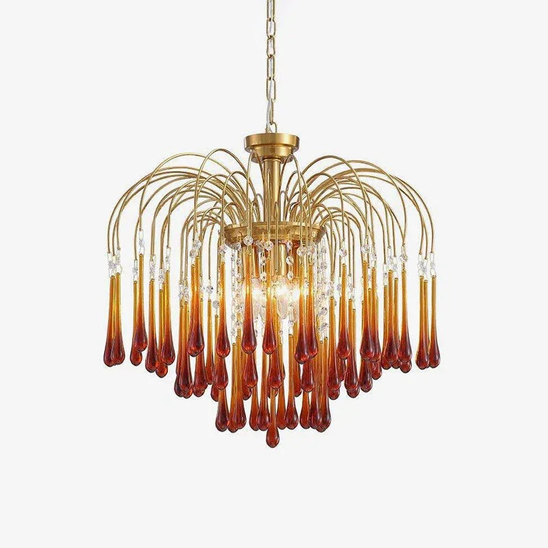 Modern brass chandelier pendant lamp with amber glass teardrop accents and crystal details