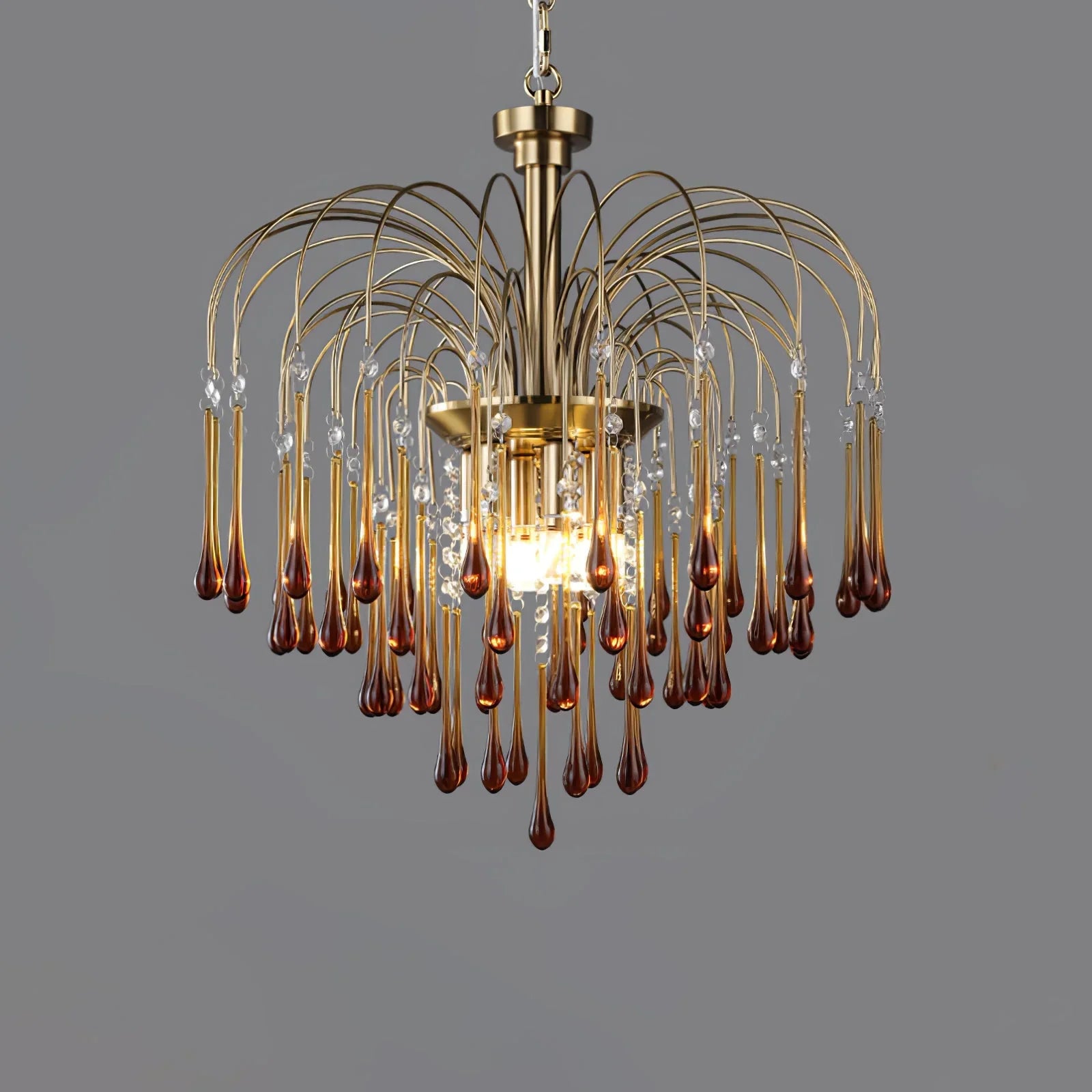 Modern brass chandelier pendant lamp with amber glass droplets and crystal accents from YHLamps