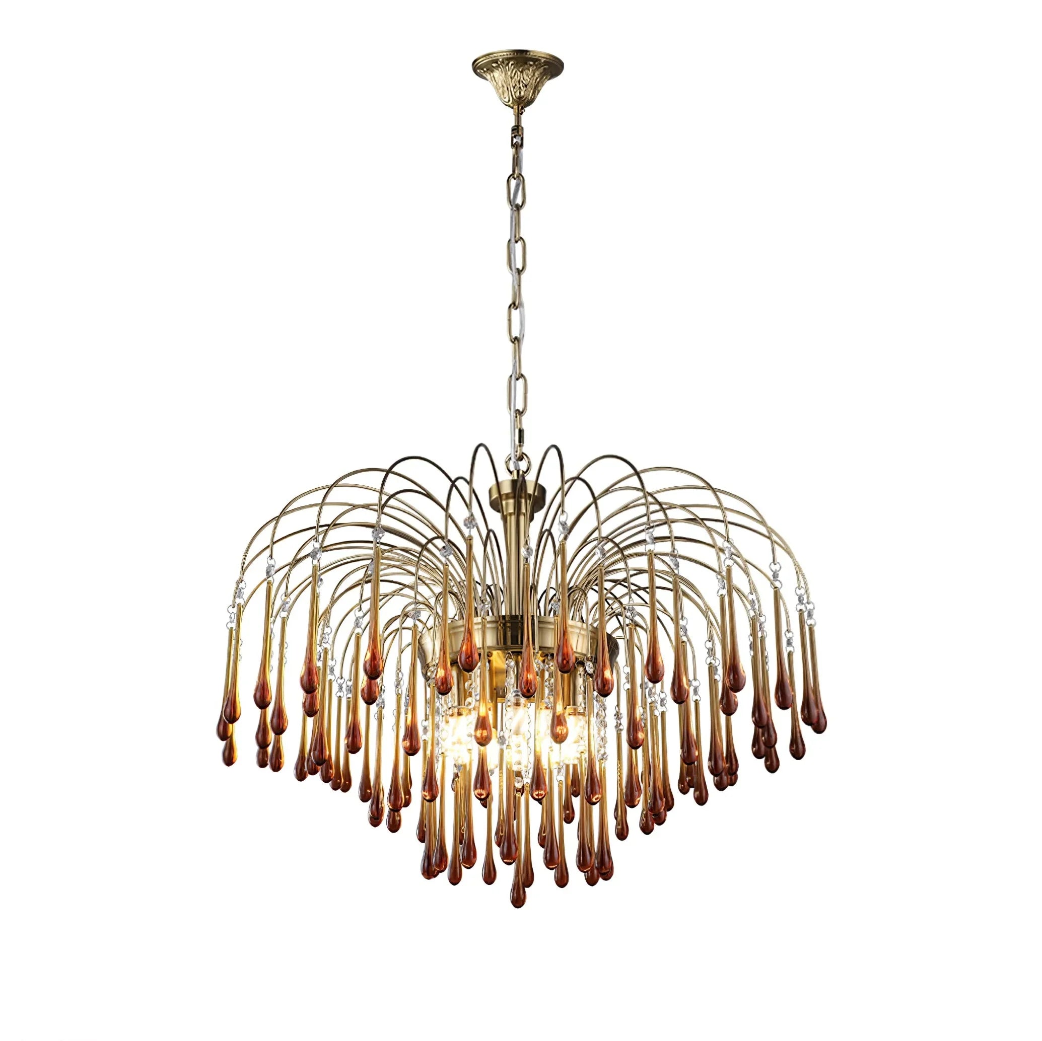 Modern brass chandelier pendant lamp with amber glass teardrop accents, elegant home lighting
