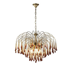 Modern brass chandelier pendant lamp with amber glass teardrop accents, elegant home lighting
