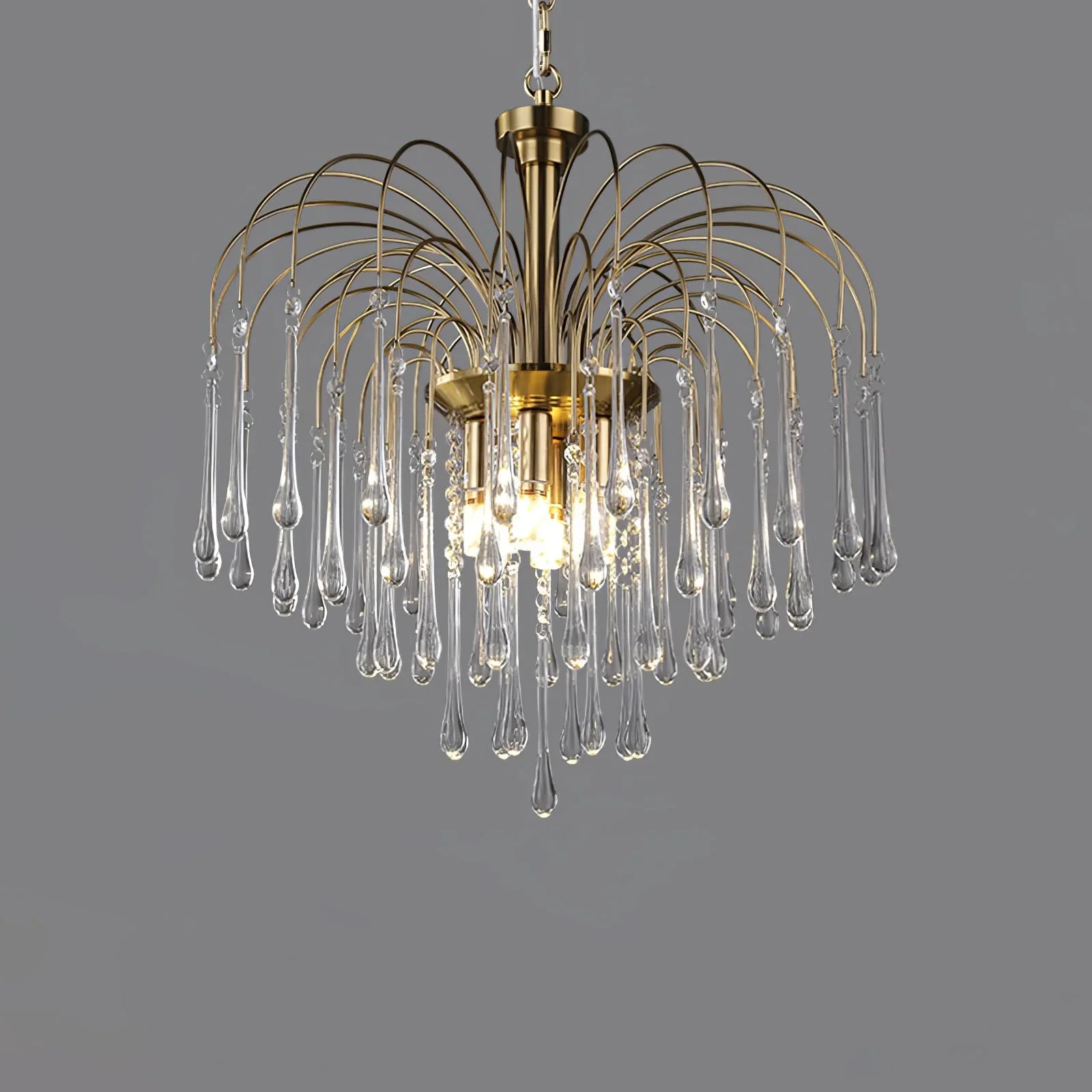 Modern YhLamps brass chandelier pendant light with clear glass maltose drops against gray background