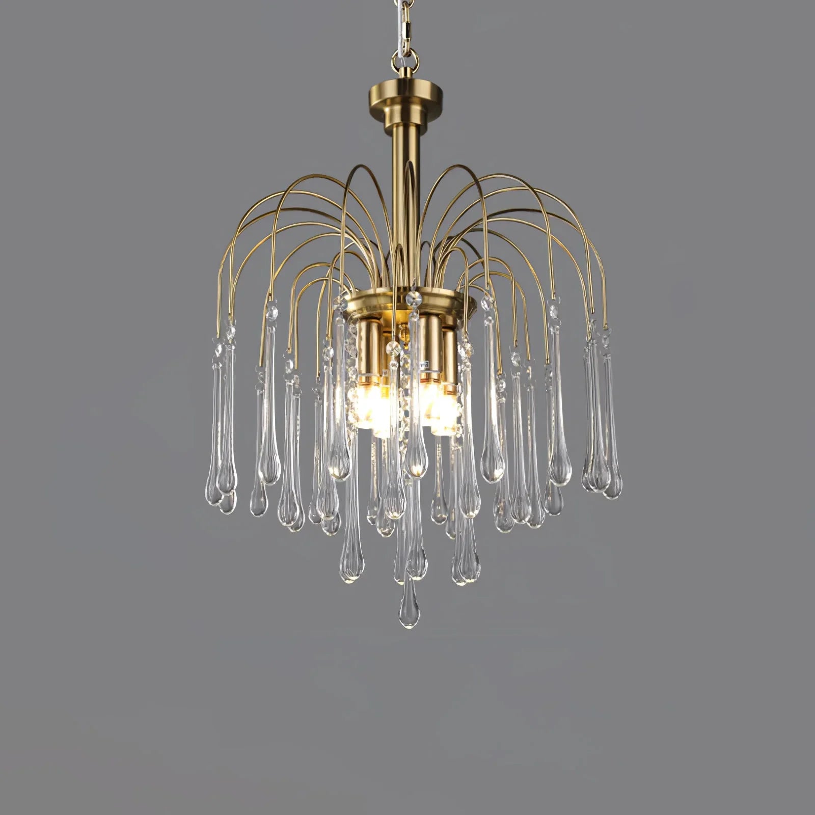Modern brass chandelier pendant lamp with clear glass maltose droplets hanging on curved arms
