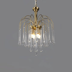 Modern brass chandelier pendant lamp with clear glass maltose droplets hanging on curved arms