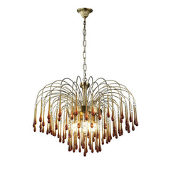 Modern brass chandelier with amber glass droplets, hanging pendant light from YhLamps