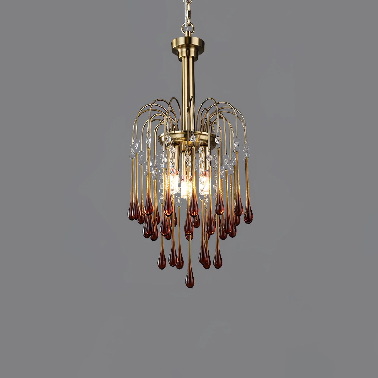 Modern brass chandelier pendant lamp with clear and maltose glass drops, elegant home lighting fixture
