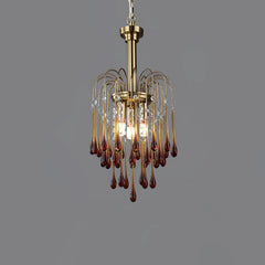 Modern brass chandelier pendant lamp with clear and maltose glass drops, elegant home lighting fixture