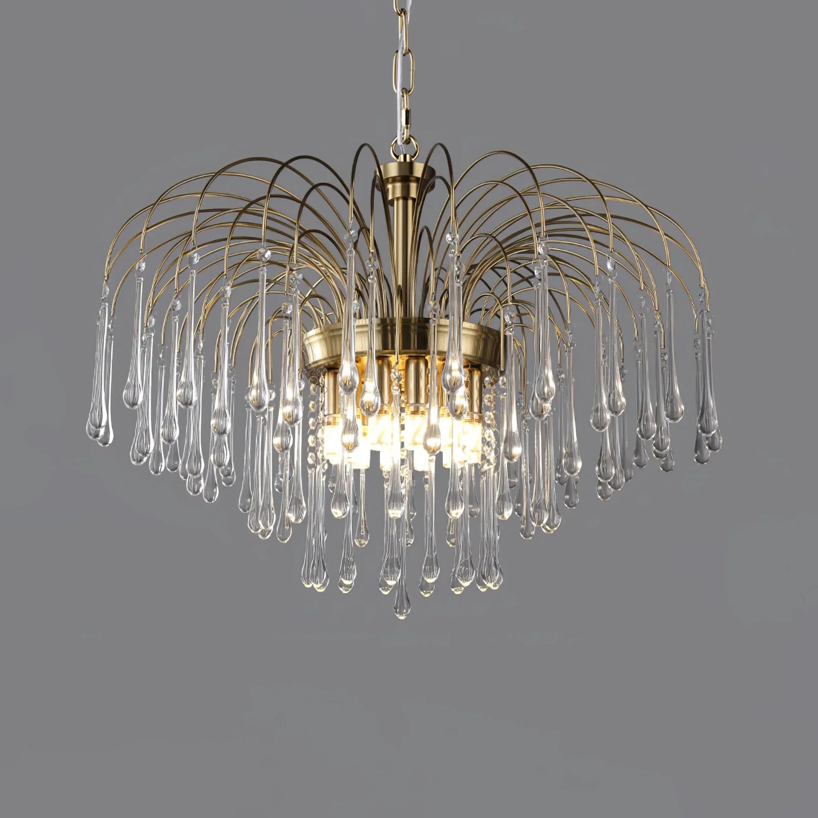 Modern brass chandelier pendant lamp with hanging clear glass maltose droplets on curved arms