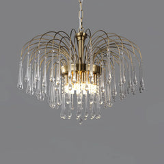 Modern brass chandelier pendant lamp with hanging clear glass maltose droplets on curved arms
