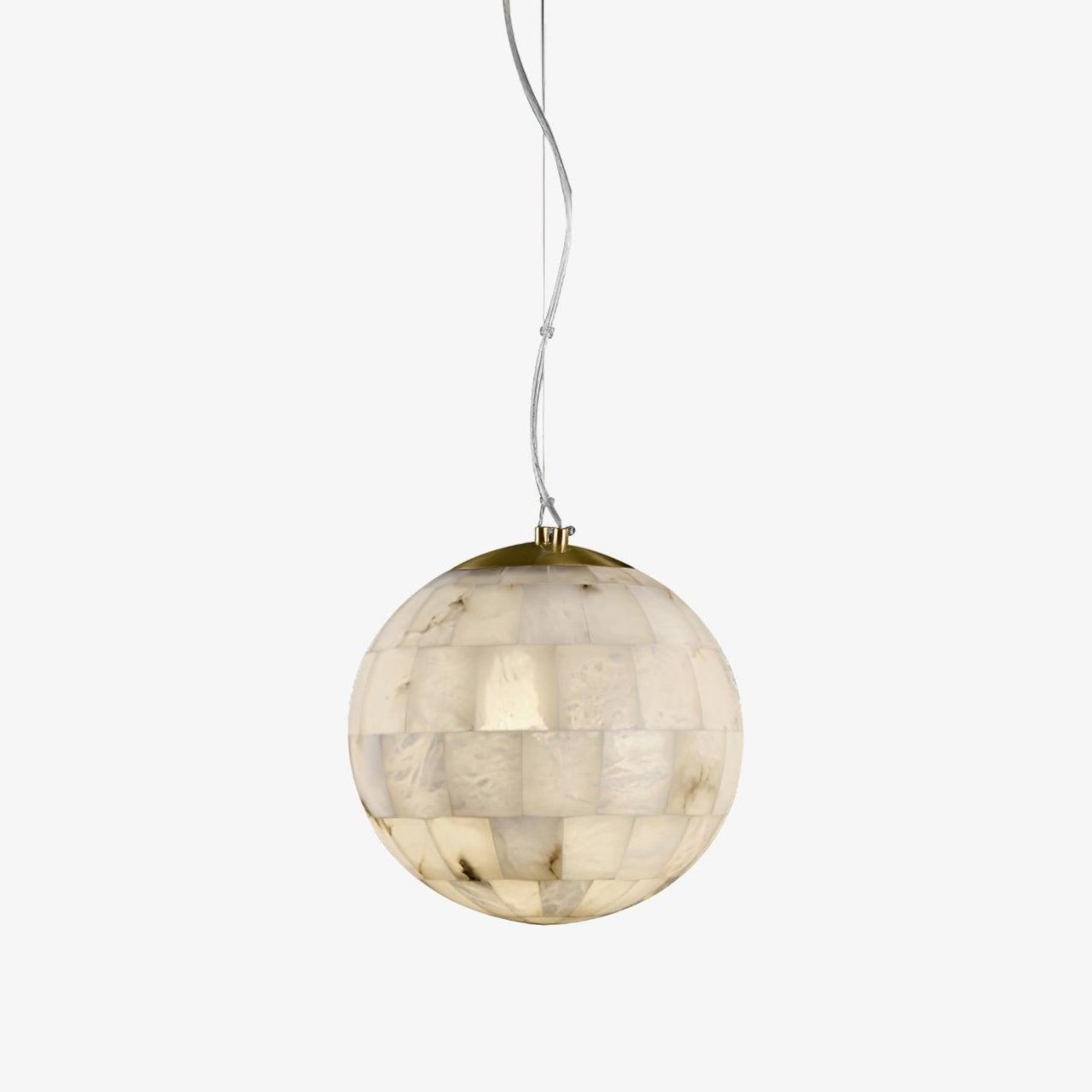 Modern spherical pendant lamp with white alabaster mosaic shade and brass accents, hanging light fixture